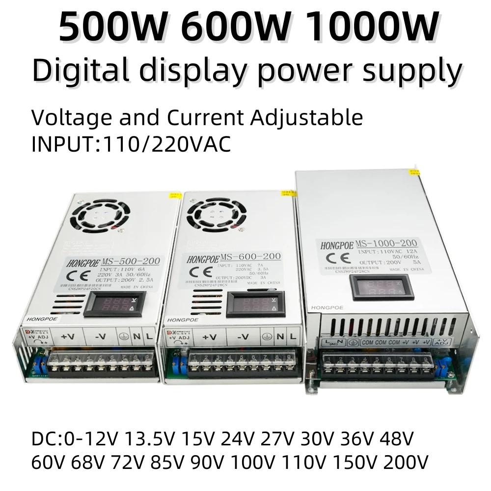 Digital Display Adjustable 500W 600W 1000W Power Supply 0-12V 13.5V 24V 27V 30V 36V 48V 60V 72V 85V 110V 150V 200V Ac To Dc Smps