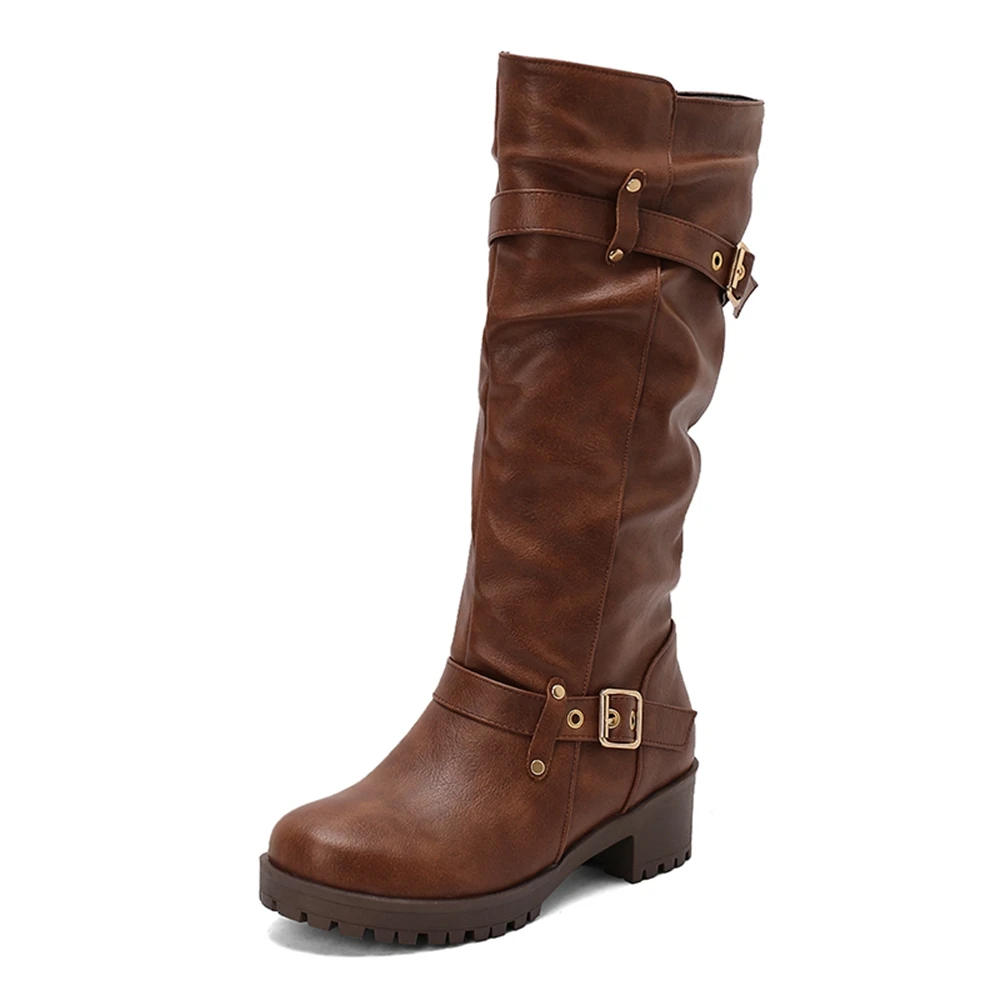 Kniehohe Stiefel für Damen, modisch, plissiert, Gürtelschnalle, High Heels, Herbst und Winter, warm, Schwarz, Braun, lange Plateaustiefel, große Größe 45, T61