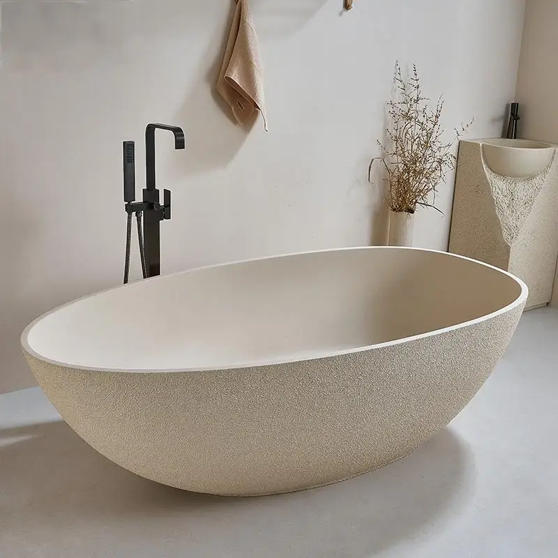"Japanese Wabi Sabi Cream Egg-shaped Bathtub - Freestanding Designer Stone Tub for Luxury Hotel & Minimalist Villa" - Image 4