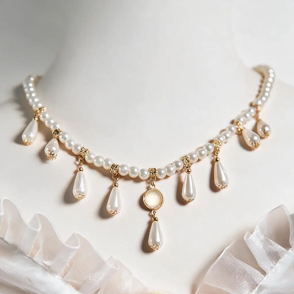 White Vintage Chinese Hanfu Pearl Choker Necklace Traditional Tang Song Dynasty Teardrop Pendant Jewelry For Women Cosplay Wear