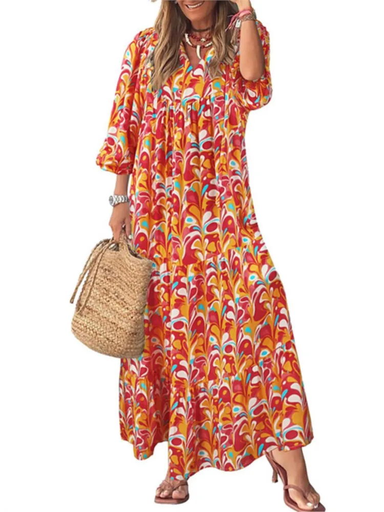 Women Boho Long Dress Vintage Elegant Fashion Print V-Neck Puff Sleeve Loose Casual Dressess Ladies Holiday Beach Party Vestidos