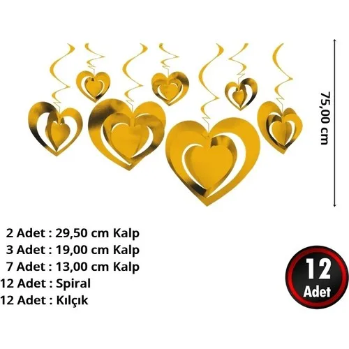 Aydınlı Party 3 Dimensional Spiral Gold Color Heart Shaped Ceiling Hangings Süsü 12 PCs