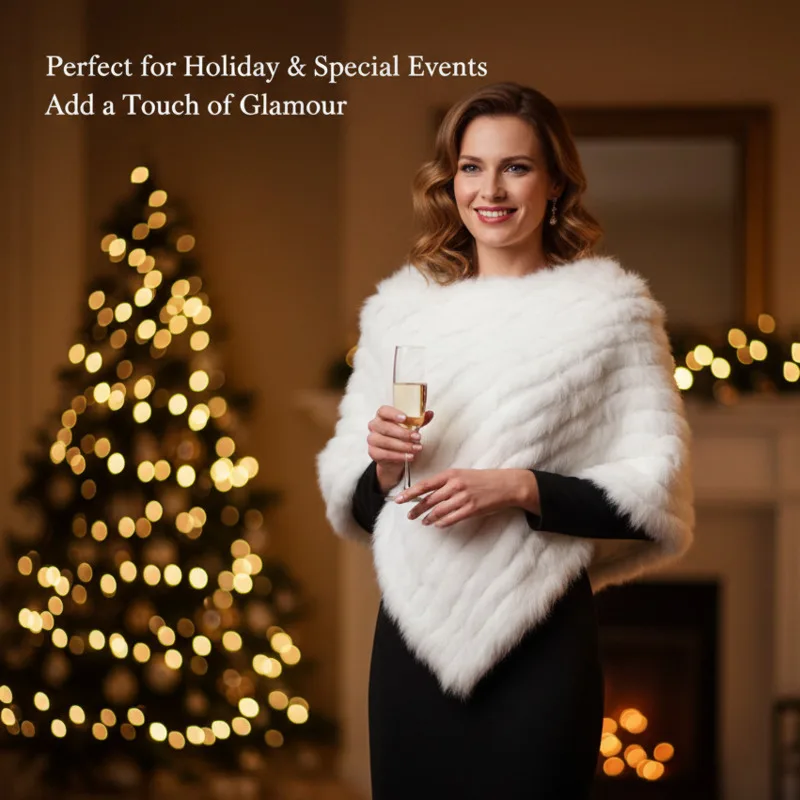 

Треугольная шаль из искусственного кроличьего меха, зимняя тканая накидка, элегантный мягкий толстый шарф с запахом для женщин, наряд для вечеринки в холодную погоду