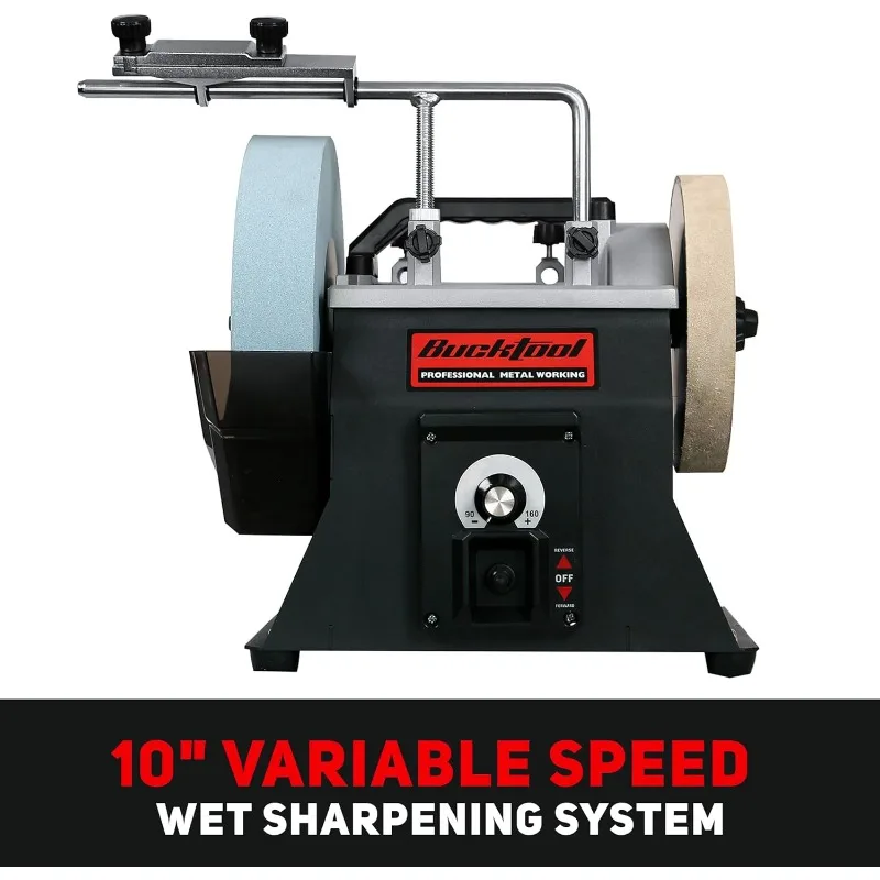 BUCKTOOL 10-Inch Variable Speed Wet Sharpening System, 1.2-Amp Two-Direction Water Cooled Wet Stone Grinder 90-160RPM