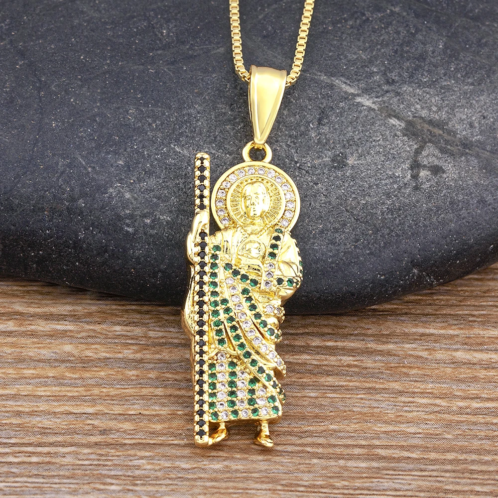 High Quality Zircon Jude Thaddeus Inlaid Rainbow Crystal Pendant Gold Plated Necklace Unisex Retro Religious Gifts Wholesale