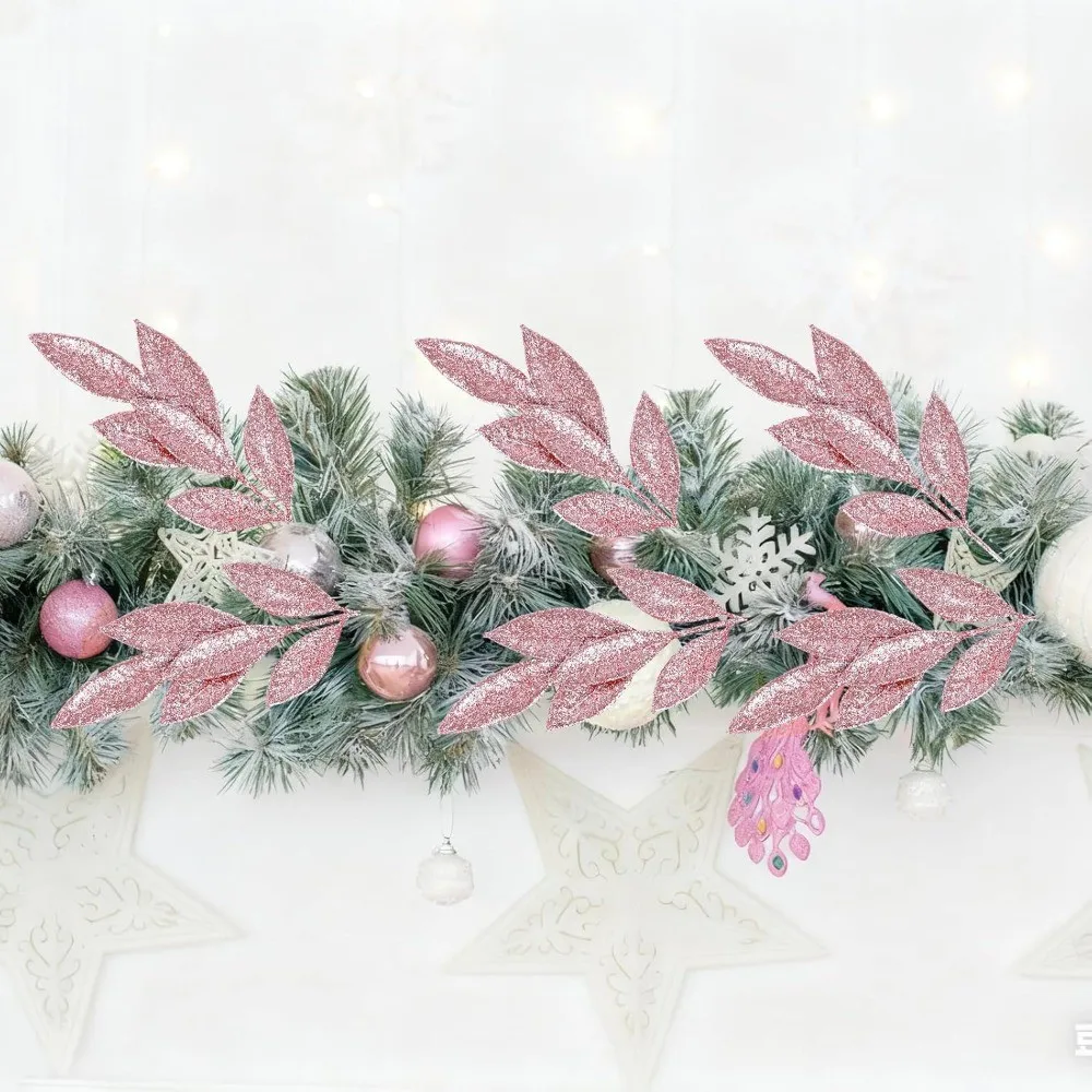 3/12 Stück Rosa Glitzernde Blätterzweige Künstliche Stiele für Weihnachtsbaum DIY Kranz Hochzeitstisch-Dekoration Winterparty-Deko – Detail 3