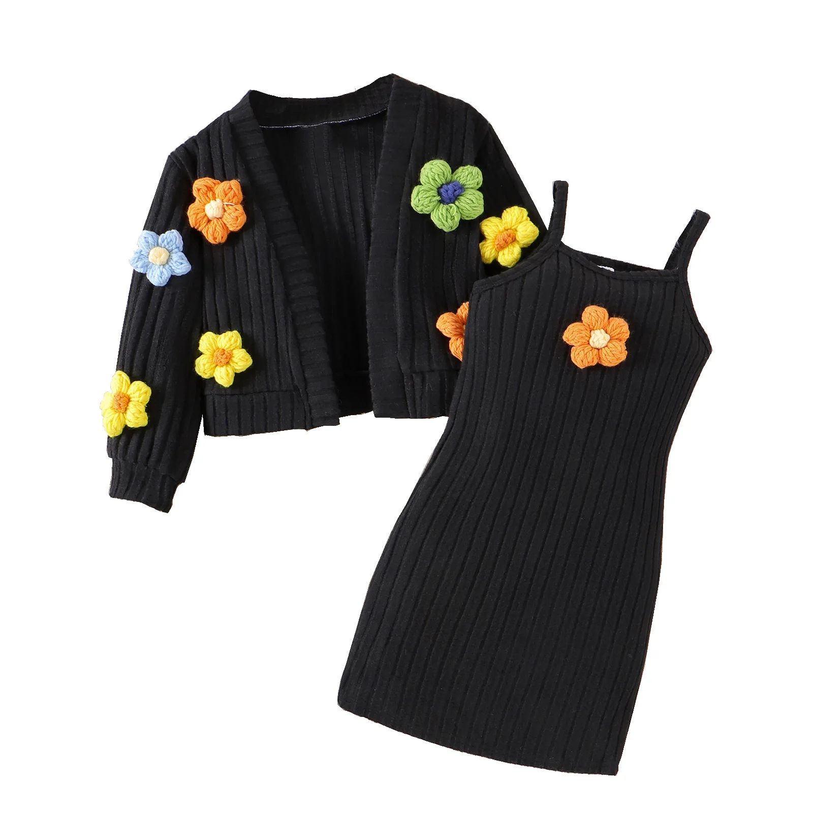 Autumn  winter new small  medium-sized girls foreign three-dimensional flower knitted cardigan long-sleeved black dress set image 3
