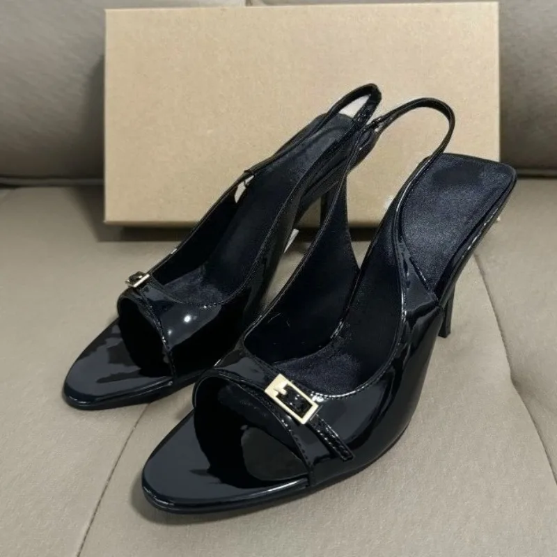 

Peep Toe Retro Style Women Sandals Patent Leather Buckle Belt Designer Super High Heels Ladies Stiletto Party Summer Shoes