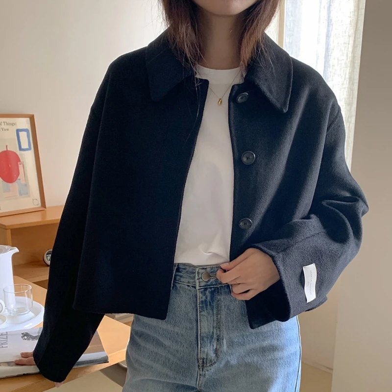 

Шикарное зимнее шерстяное пальто, женское пальто с воротником на одной пуговице, корейская верхняя одежда Pure Color Faion для поездок на работу
