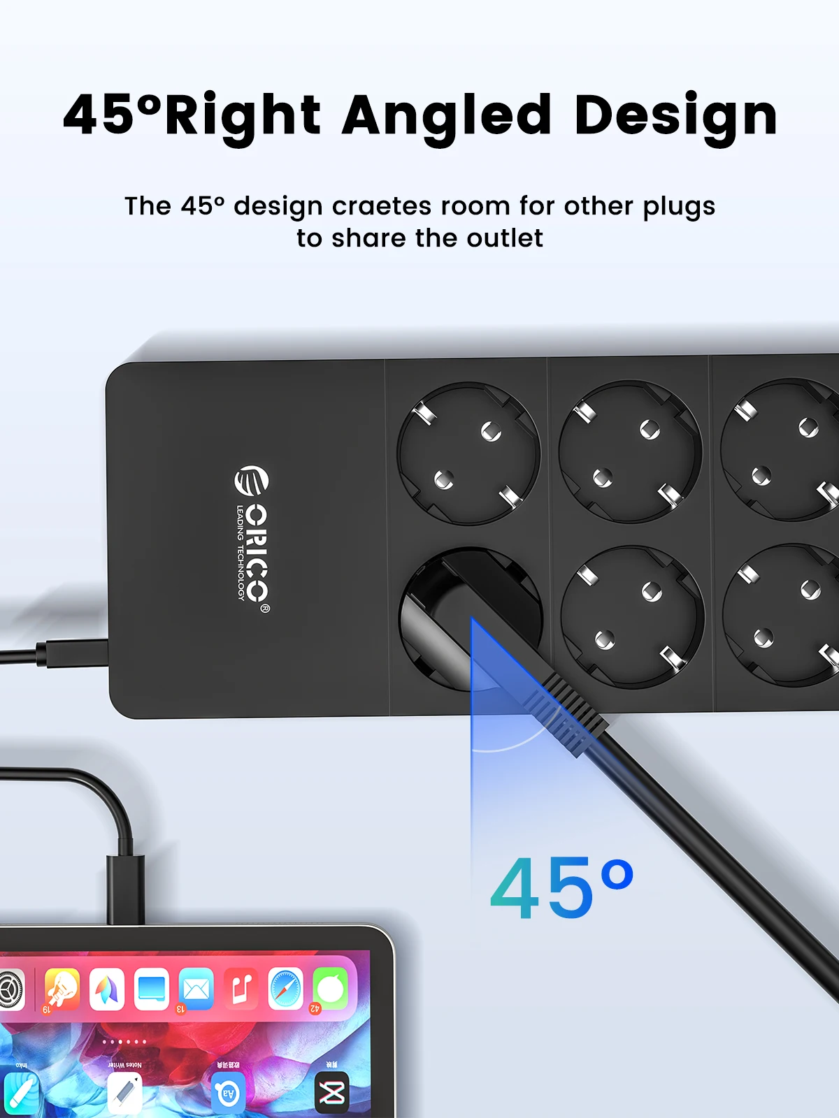 ORICO Regleta Enchufes de 8 Tomas con 5 USB Puertos (Super Charger) - Inteligente Tecnología IC con Múltiples Protección - Carga para Samsung iPad