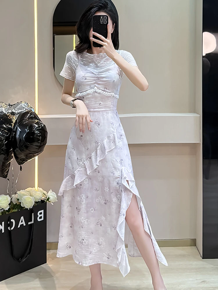 المرأة الأزهار تكدرت فستان بكتافة + الدانتيل الجاكار قميص حريمي قطعتين مجموعات 2025 الصيف الكورية خمر الفاخرة Bodycon فستان الدعاوى