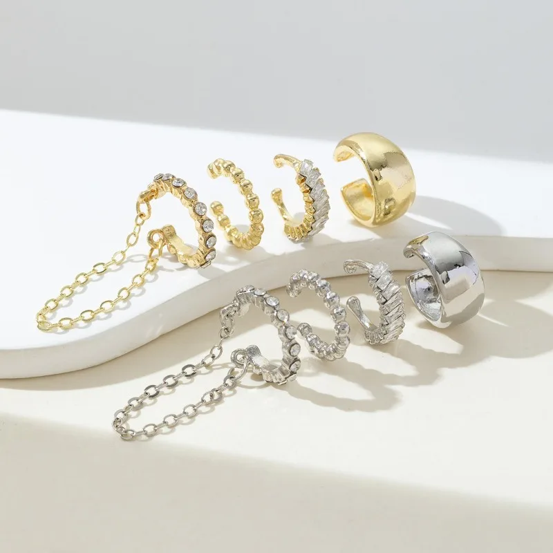 4Pcs Minimalist Ear Cuff Set U‑Shape No‑Piercing Clip Earrings Linked Chain Stackable Wrap Ear Clips for Women Fashion Jewelry
