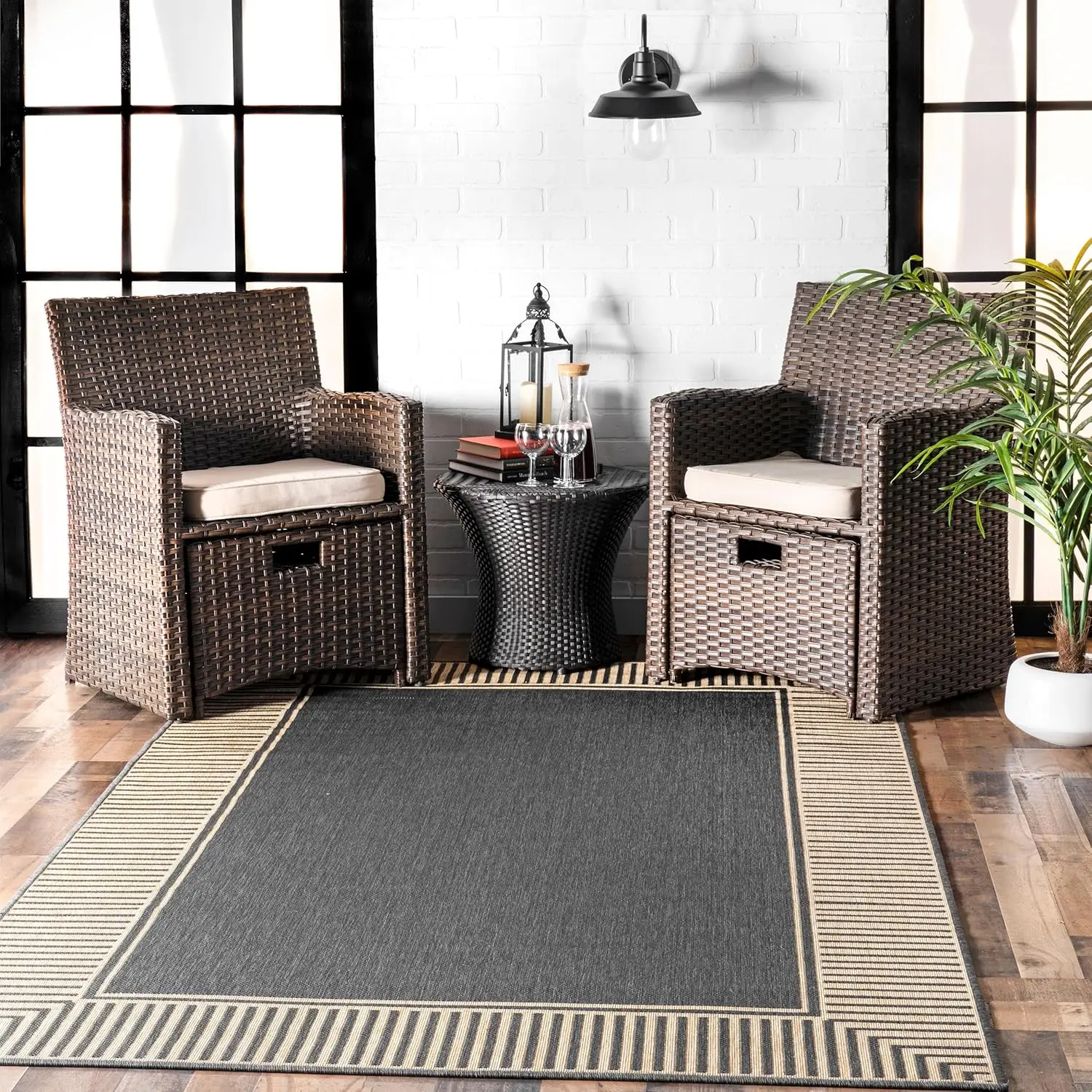 8' x 10' Outdoor Area Rug, Casual Design With Striped Border, Stain Resistant, Highly Durable, For Patio, Balcony, Bedroom