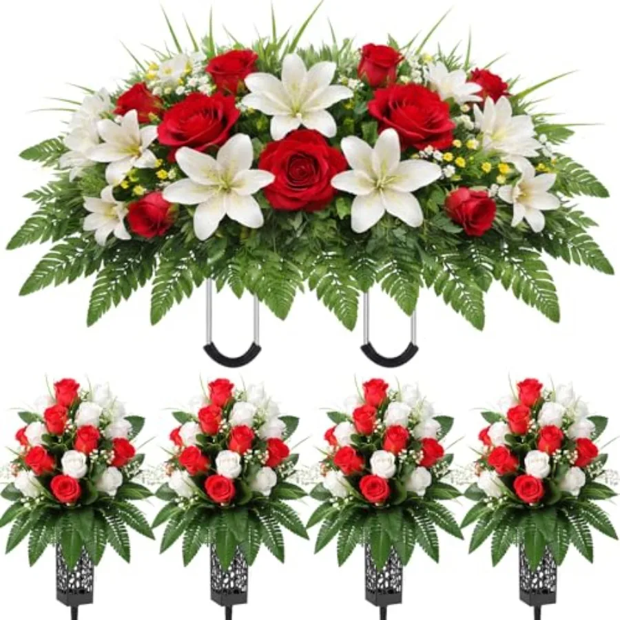 

5 Set Artificial Cemetery Flowers for Grave Headstone Flower Saddle Gravesite Decoration Roses Memorial Bouquets with Vase for