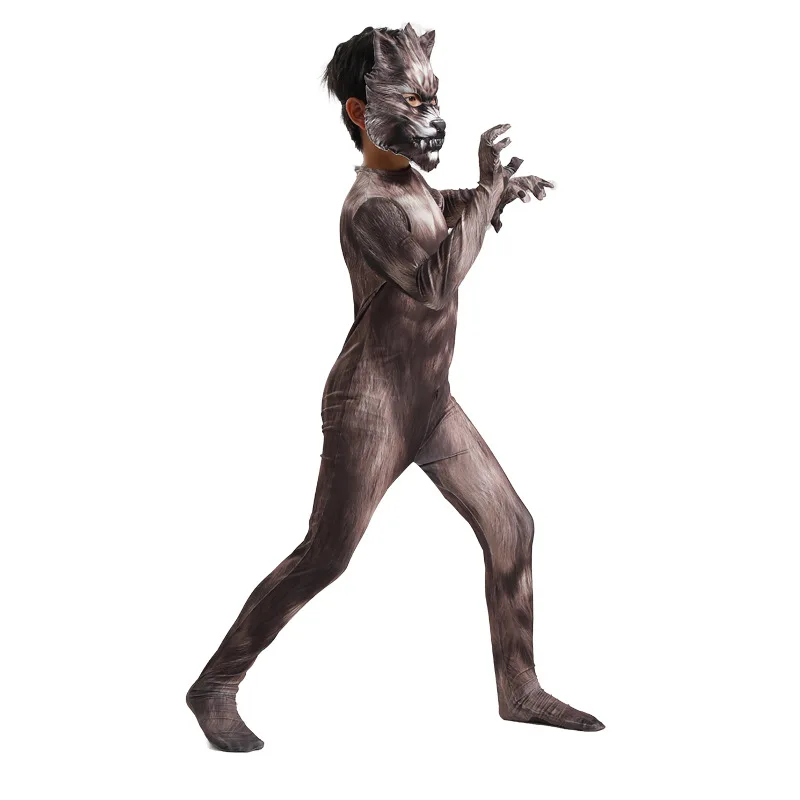 Weerwolf Cosplay Kostuum Jumpsuit 3d Masker Pak Bodysuit Carnaval Verjaardagsfeest Kleding Dier Wolf Kostuum Voor Jongens Volwassen