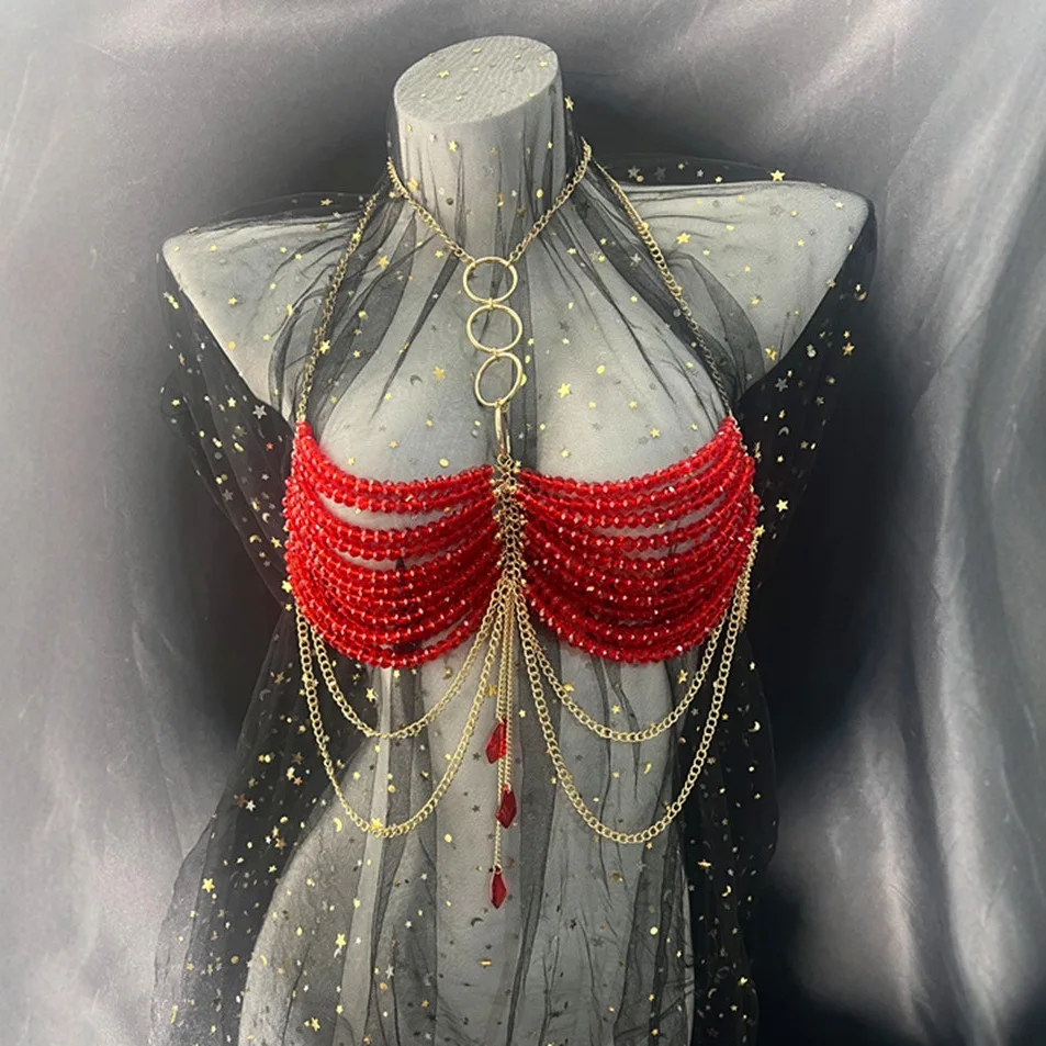 

Multi-layer Red Crystal Beaded Bra Chain Camis Crop Tops Metal Halter Vest Tank Sexy Dance Show Party Beading Body Chain Jewelry