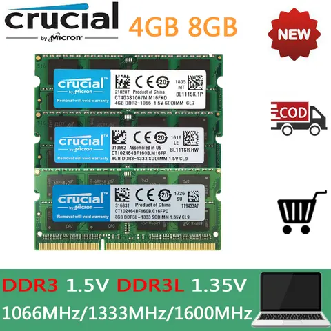 DDR3 Memory Crucial DDR3L RAM 4GB 8GB 16GB Laptop 1333mhz 1600Mhz PC3L 10600S 12800S 204Pin 1.35V SODIMM