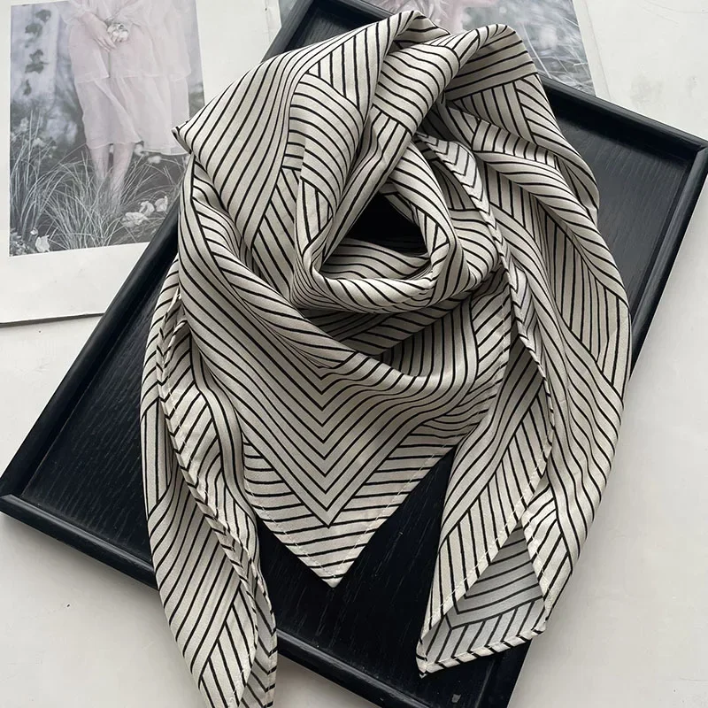 TT @ Double Crepe Silk Scarf for Women, Simple Lines, Casual Square Scarf, Sunscreen Shawl, Scandinavian,2024, New