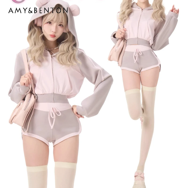 

2026 Spring New Sports Women's Suits Gray Pink Hot Girl Hooded Jacket Sweet Cute Gray Pink Color Matching Shorts Suit Ladies