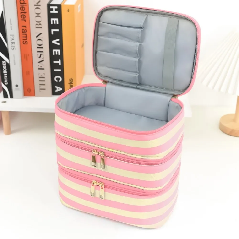 Polyester Multi-Layer Cosmetic Bag Macaron Color Large Capacity Travel Storage Bag Portable Handheld Makeup Bag Daily Use