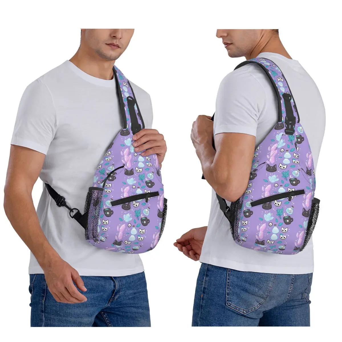 Halloween Witch Pattern Chest Bag Men Sling Crossbody Backpack Chest Bag Traveling Hiking Daypack Shoulder Bag