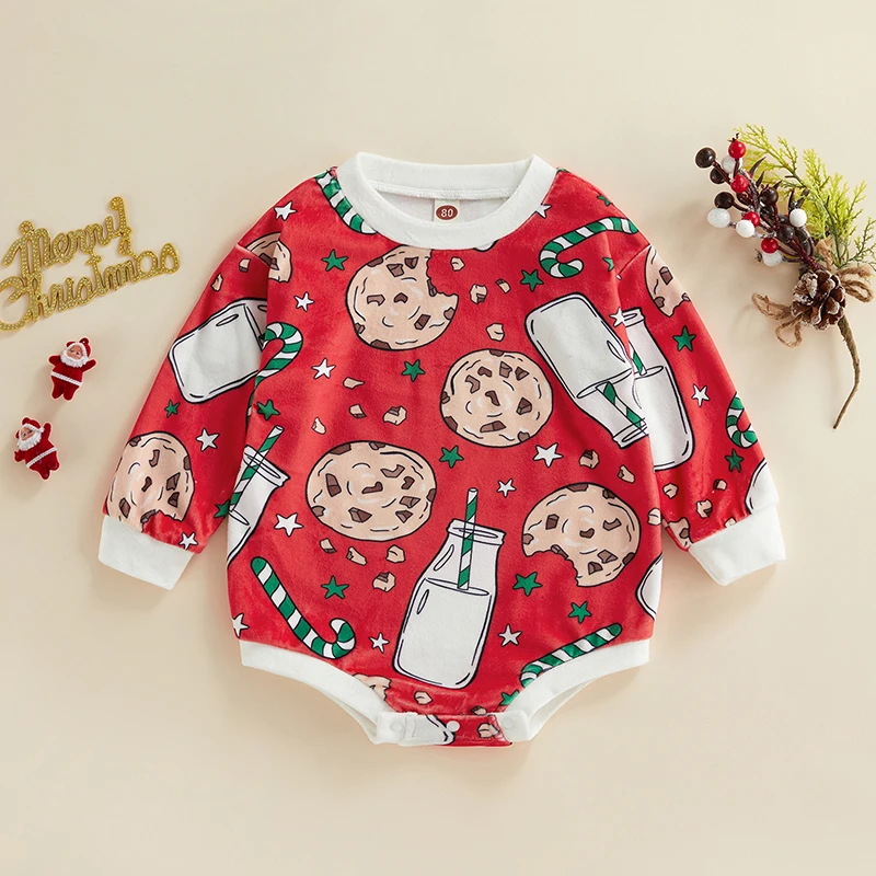 Infant Unisex Bodysuit Adorable Long Sleeve Round Neck Cookie Patterned Cozy Autumn Winter  Outfit