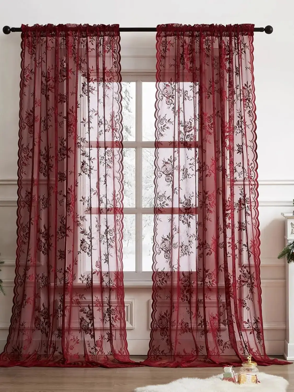 1 Stück burgunderfarbene Spitzenvorhänge, 45 Zoll Länge, Vintage-Blumenmuster, transparente Türvorhänge, Café-Rod-Taschen-Vorhänge, lichtfilternd, weinrote Spitzenfenstervorhänge – Detail 1