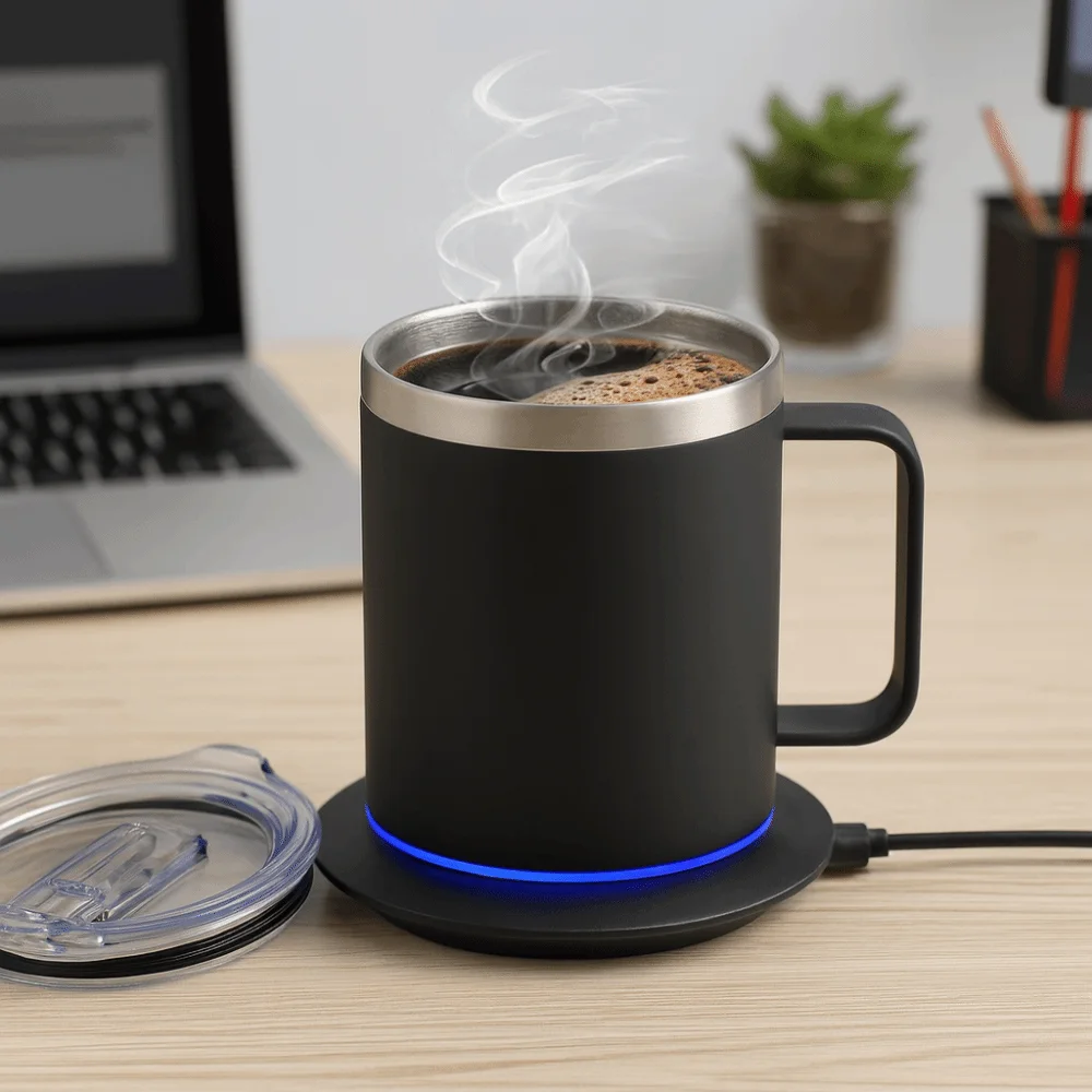 Intelligent Self-Heating Coffee Mug with Lid Double Layer Electric Heated Coffee Mug USB Powered Stainless Steel