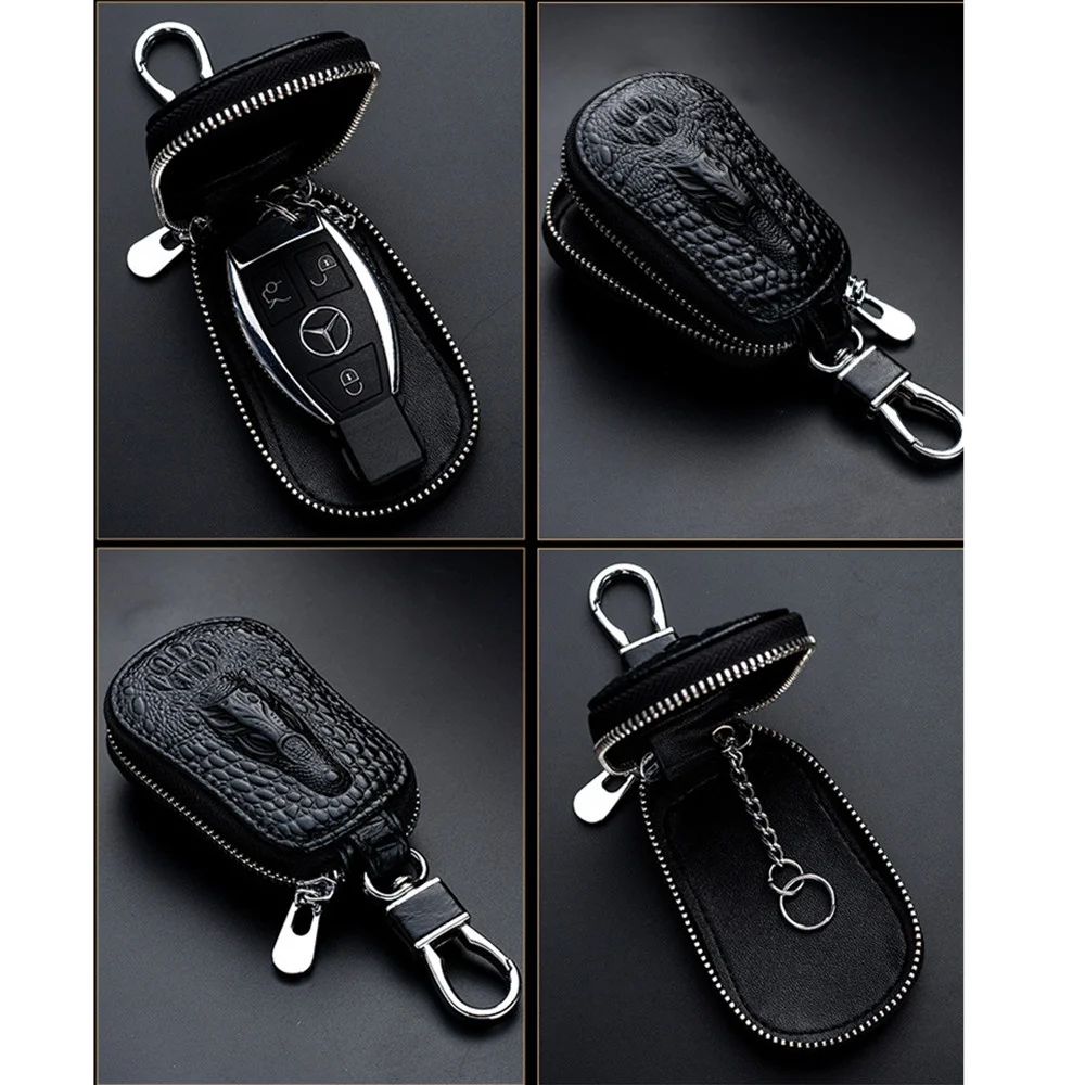 Funda de cuero Unisex para llaves de coche, organizador de bolsillo con cremallera, gran capacidad