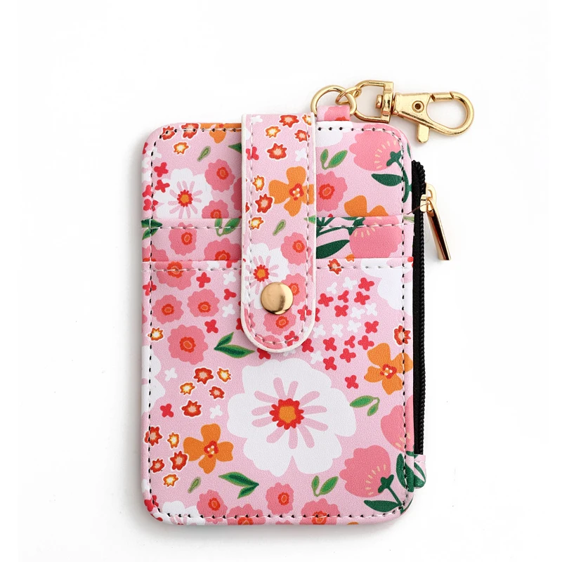 5pcs Card Holder Floral Printing Vertical Model Hasp Short Wallet Keychain For Women