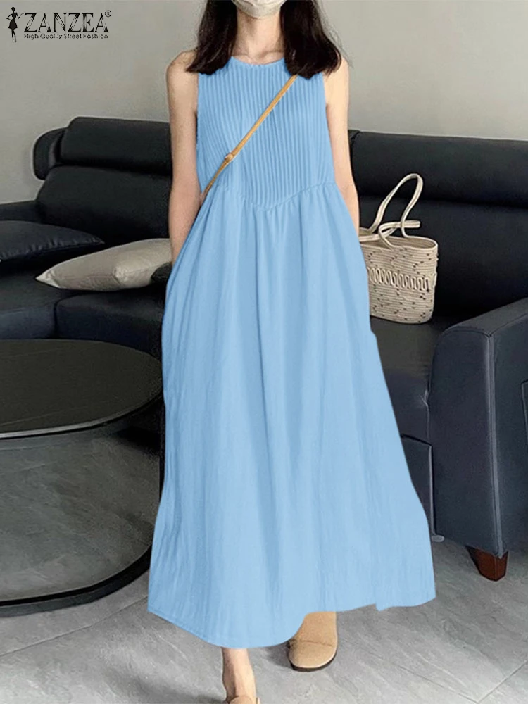 ZANZEA แฟชั่นฤดูร้อน Holiday Beach Dress ผู้หญิง Sundress 2025 สบายๆ O คอ Baggy Vestido Elegant Solid ชุดจีบ