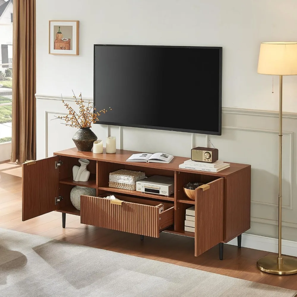 65-Zoll-TV-Ständer – moderne geriffelte Konsole für Wohnzimmer, Medienaufbewahrung mit weichem Scharnier und Schublade, Entertainment-Center aus Holz