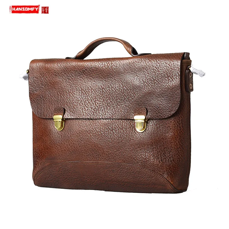 Bolsos de cuero hechos a mano para hombre, maletín informal OL para ordenador portátil, bolso Retro de cuero para ordenador, bolsos de mensajero de hombro con hebilla masculina