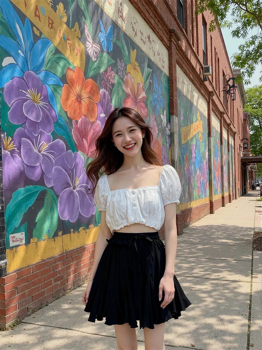 

Pleated Mini Black White Skirts Womens Patchwork Double Layered Mesh Elastic Waist Feminina Summer Lightweight Applique