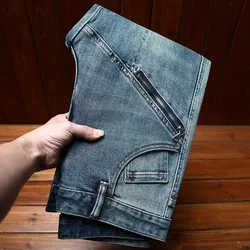 Street Style Zipper Design Motorcycle Jeans for Men Trendy Wild Stretch Slim Fit Skinny 2024 New Retro Trousers Men