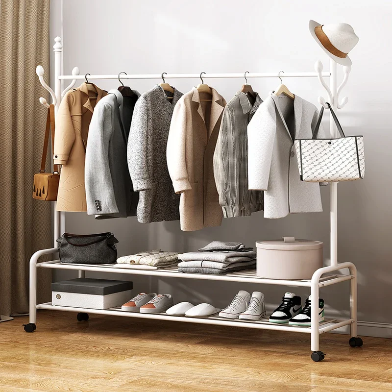 

Large Floor Standing Coat Rack Mobile Clothing Rack with Wheels Bedroom Garment Hanger Simple Household Clothes Storage