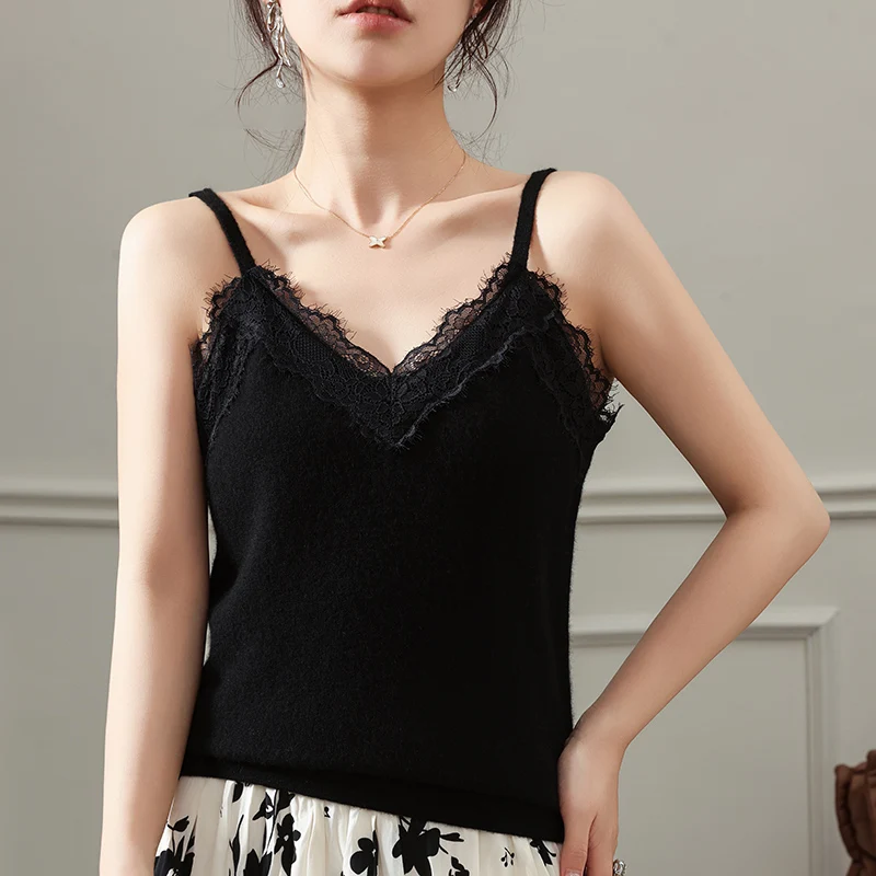 Women's Cashmere Blend Wool Camisole Vest Summer Fashion Lace Detail Versatile T-Shirt Interior Match 10% Cashmere 90% Wool