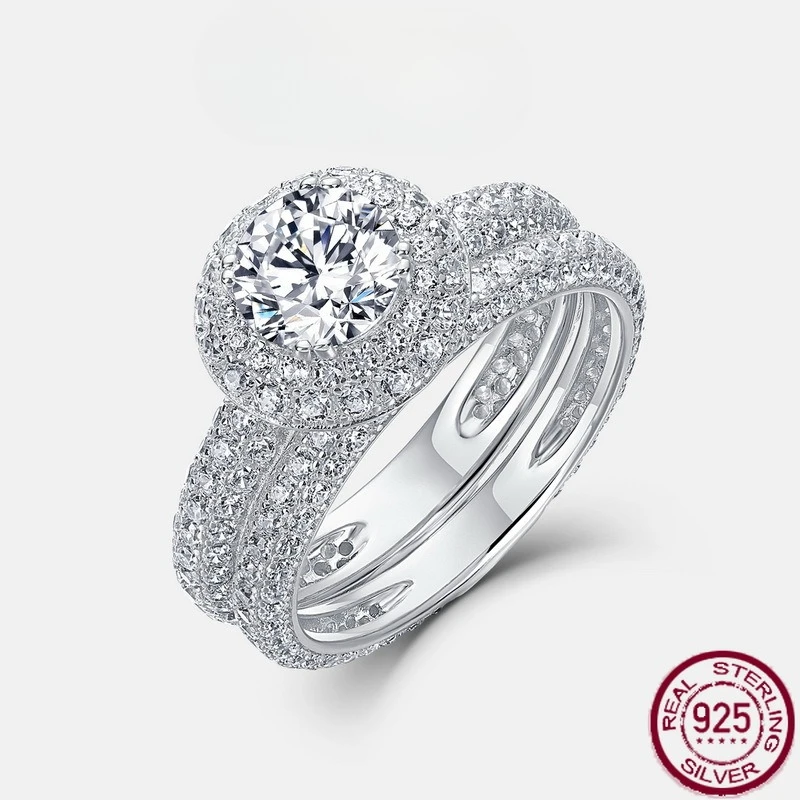 

Новое блестящее яркое серебро S925, полный комплект кольца с цветным бриллиантом из муассанита для тяжелой промышленности, модные свадебные украшения