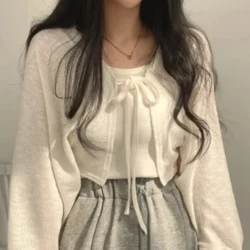 Thin White Cardigan Women Summer Sunscreen Lace-up Knitwear Tops Lady Korean Style Casual Lantern Sleeve Short Sun Protected Top