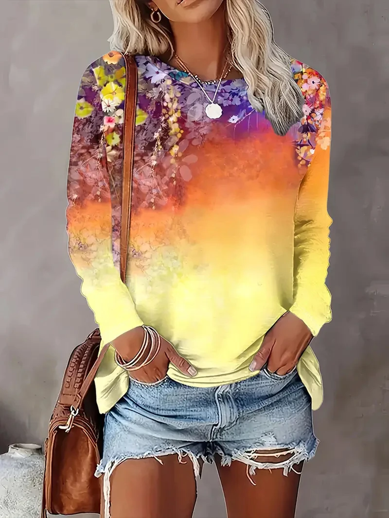 

2025 New Women's T Shirt Casual Long Sleeve Round Neck T Shirt 3D Gradient Floral Print Fashion Women's Long Sleeve Clothing