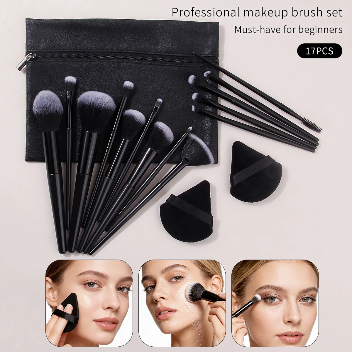 14-piece multi-purpose facial makeup brush set + 2 pieces of soft triangular makeup pads + 1 piece of zipper-style storage bag