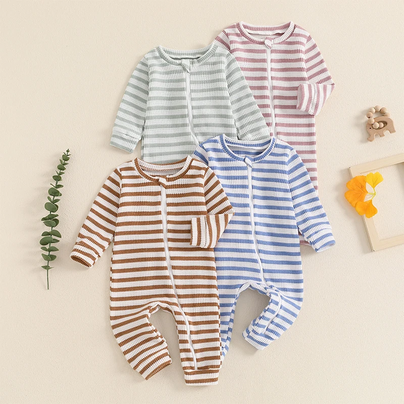 

2024-06-21 Lioraitiin 3-24M Baby Striped Jumpsuit, Long Sleeve Crew Neck Zipper Closure Fall Romper Clothes for Boys Girls