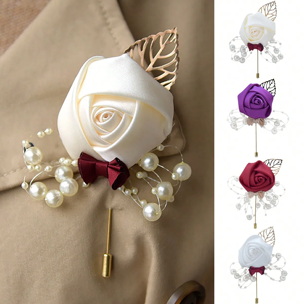 1 Pieza de Boutonnière de Rosa para Novio, Lazo de Perlas con Hoja Dorada, Broche de Flor para Boda de Hombre y Mujer, Accesorio de Decoración para Traje de Novio y Padrinos, Pin de Solapa de Rosa, Pin de Solapa para Decoración de Fiestas y Eventos de Boda, Pin de Solapa para Traje, Flor de Solapa de Bienvenida, Boutonnière para Decoración de Cena de Boda