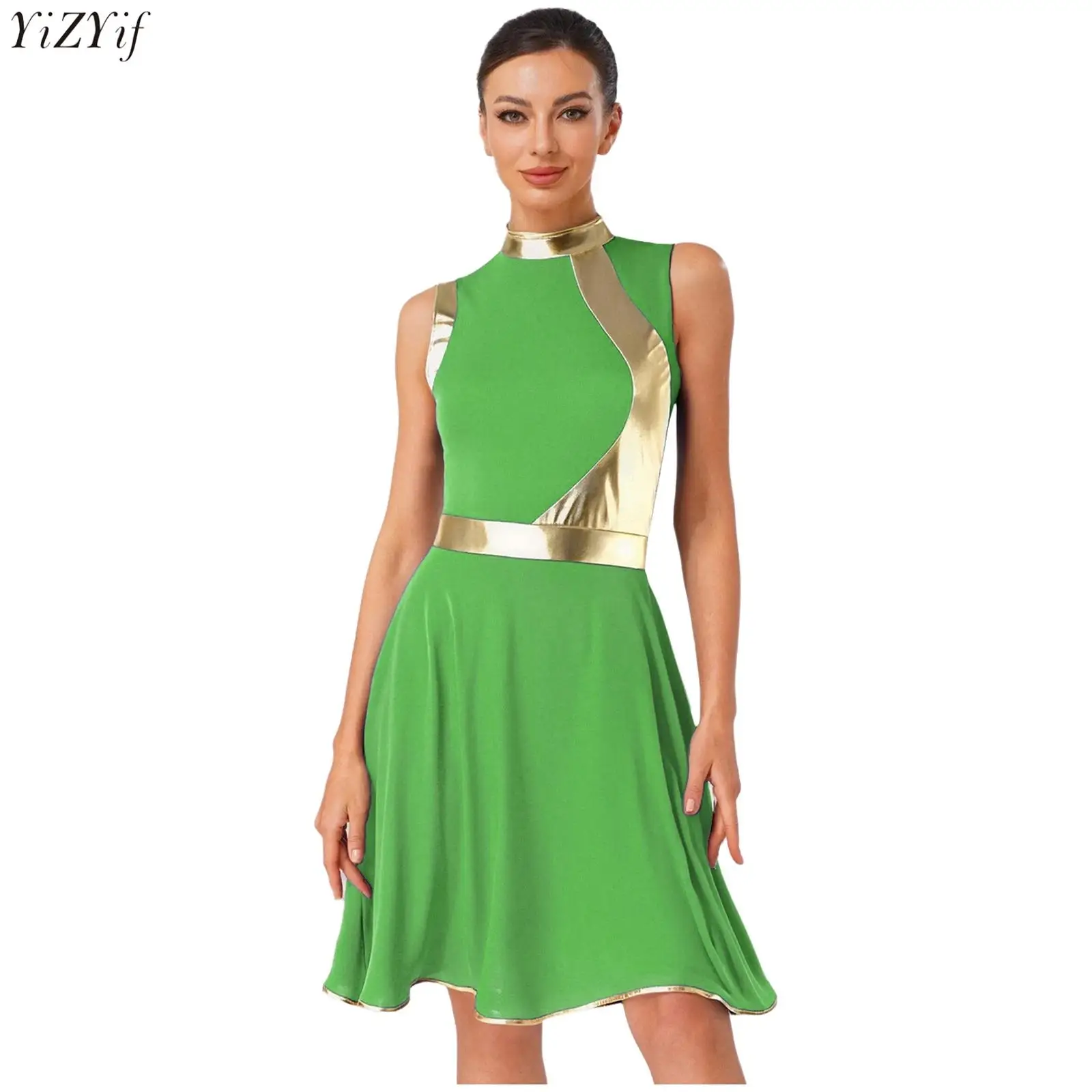 

Womens Lyrical Praise Dance Dresses Metallic Shiny Patchwork Mock Neck Sleeveless A-line Dress Liturgical Worship Dance Costume