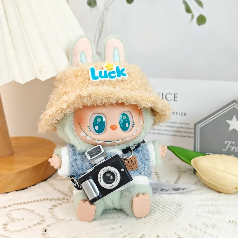 For 17cm Labubu Clothes Ropa Labubu Labubu Travel Outfit With Small Pendant Hat Set  Small Camera Emit Light Kid Gift