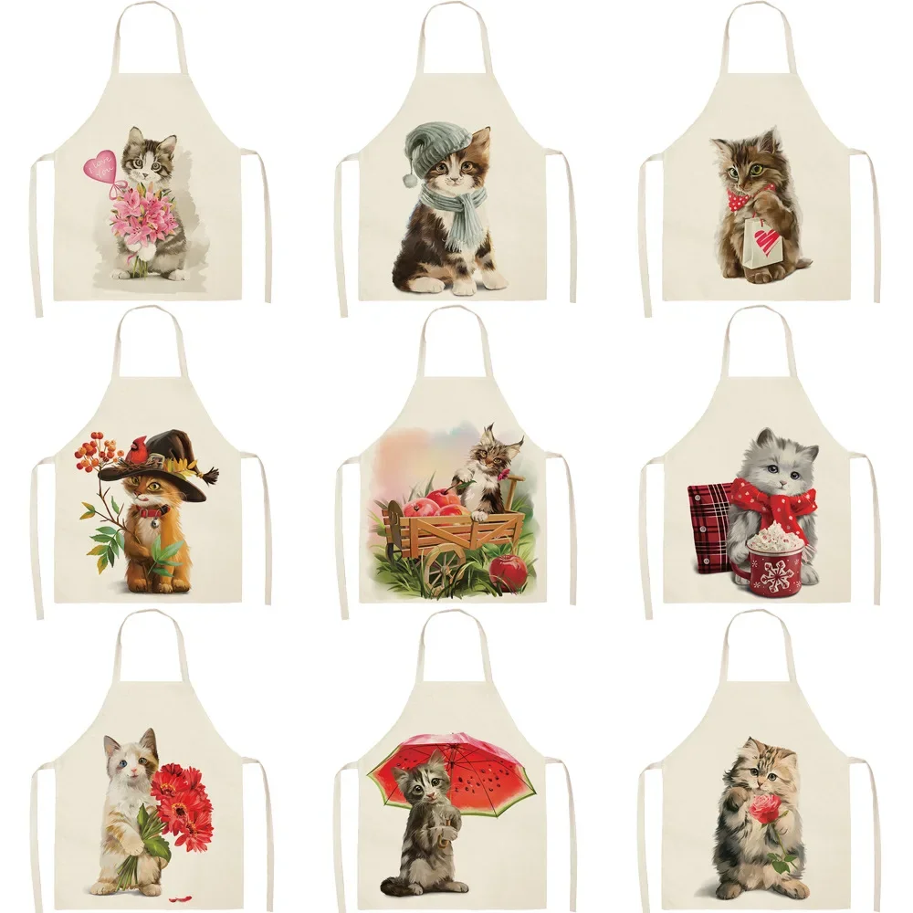 Cute Cat Kitchen Sleeveless Aprons For Women Cotton Linen Bibs Household Cleaning Pinafore Home Cooking Apron 55x68cm