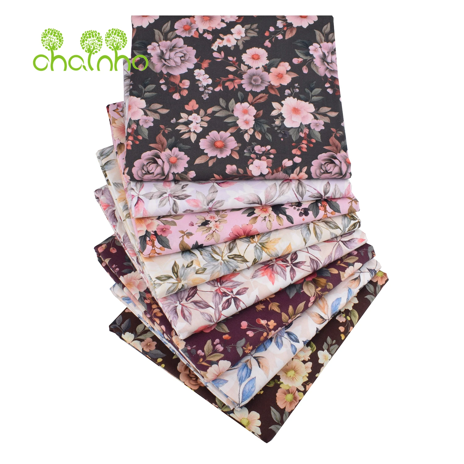 Chainho,Printed Plain Weave Poplin Cotton Fabric,DIY Quilting Sewing Material,Patchwork Cloth,Floral Series,2 Sizes,26PC12