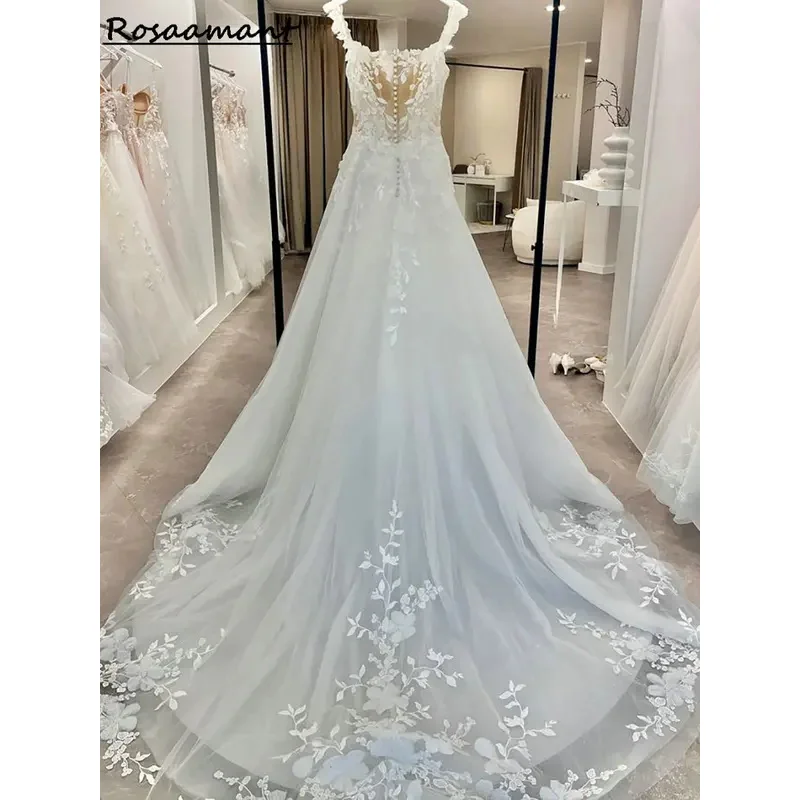 Gaun pernikahan elegan dari bahu gaun pengantin A-line sleepveless floral applique gaun pengantin kustom boho country renda