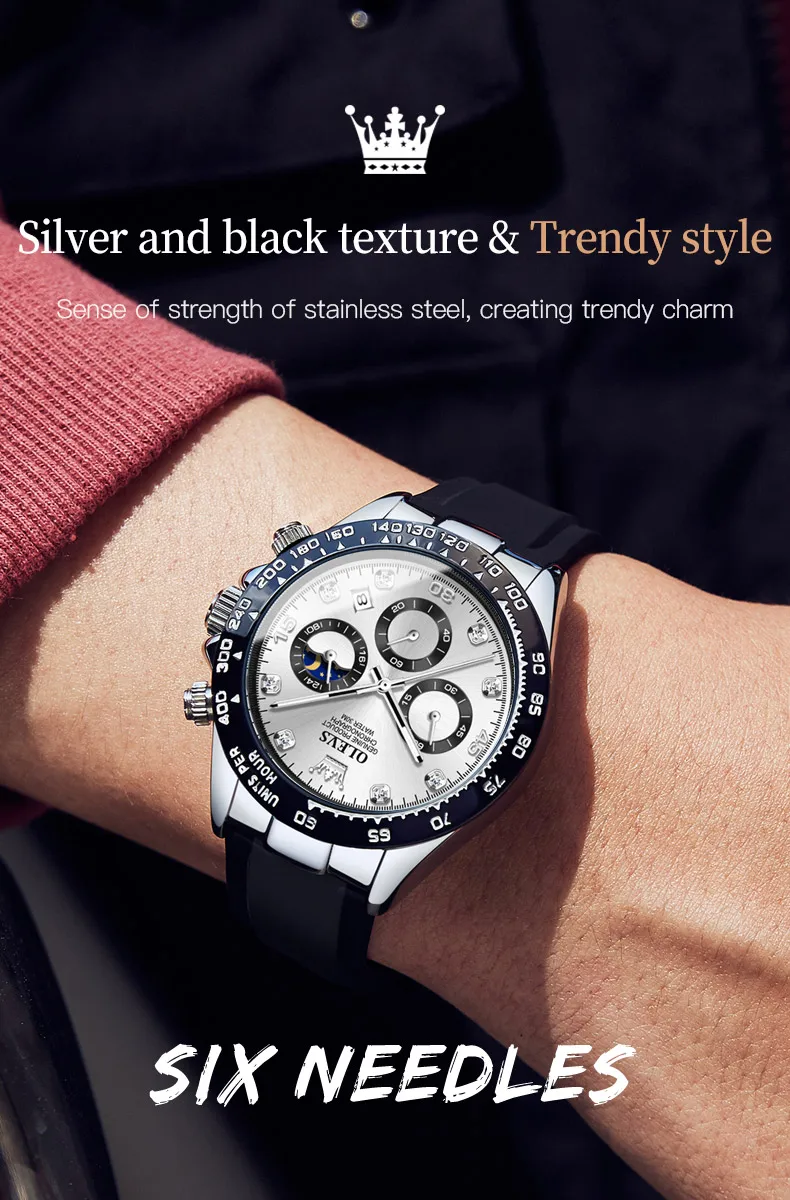 OLEVS 2875 Original Luxus Marke Quarzuhr für Männer Silikon Armband Chronograph Auto Datum Wasserdicht Mond Phase Mann Sport Uhr – Detail 6