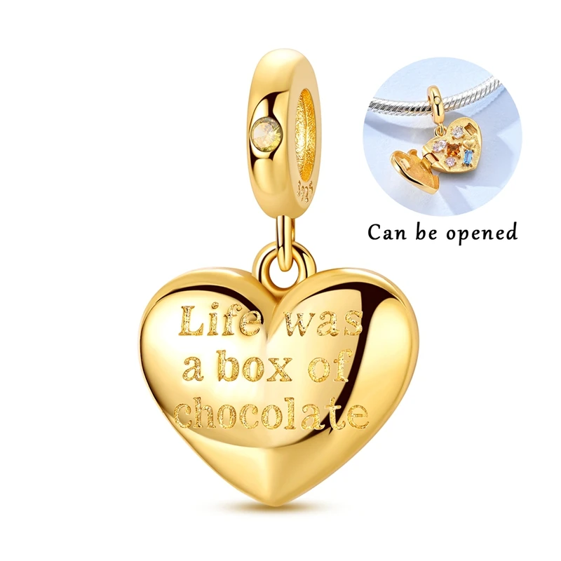 

925 Sterling Silver Charms Bead CZ Zircon Golden Chocolate Box Dangle Fit Original Bracelet DIY Women Jewelry